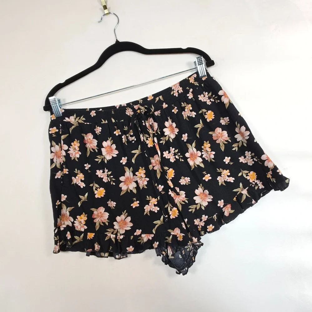 American Eagle Shorts Womens L Black Floral Boho Cottagecore Romantic‎ Festival